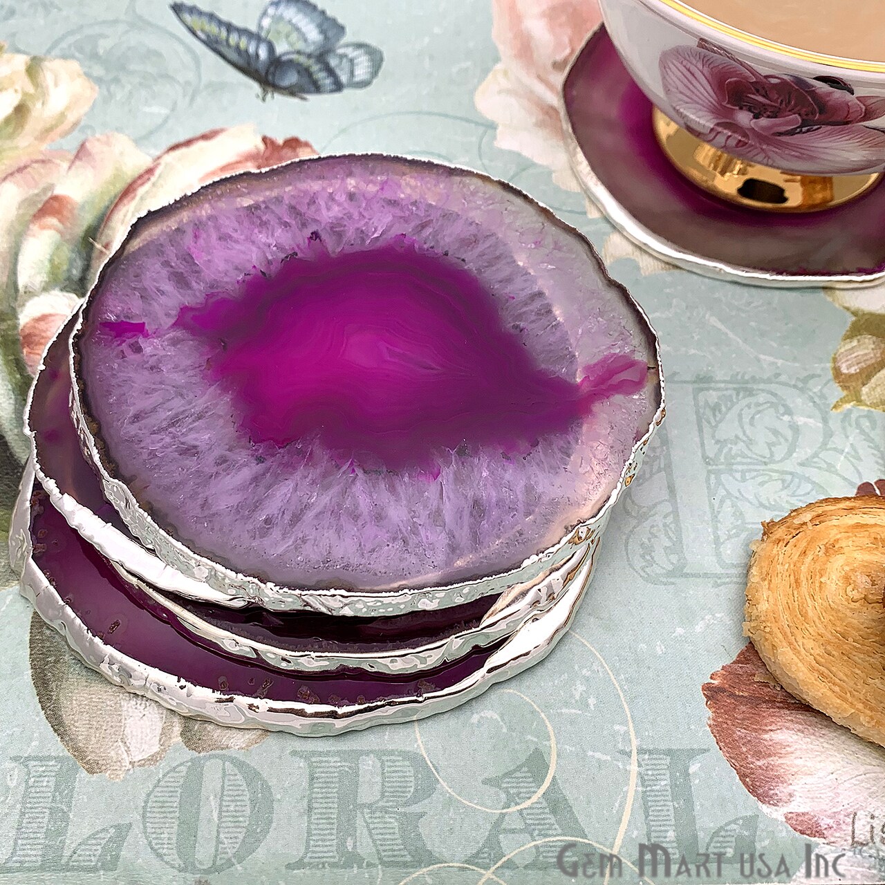 Pink Agate Coasters, Drinkware Coasters, Electroplated Agate Slice Home Décor, Agate Canvas, 1pc, GemMartUSA (PKCO)